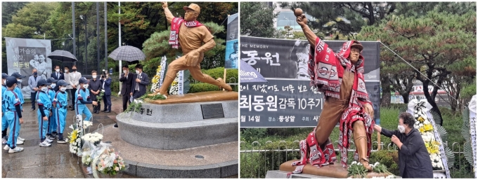 14일 오후 사직야구장 최동원 동상에서 최동원 선수의 10주기 추모식이 열렸다./사진=박비주안 기자